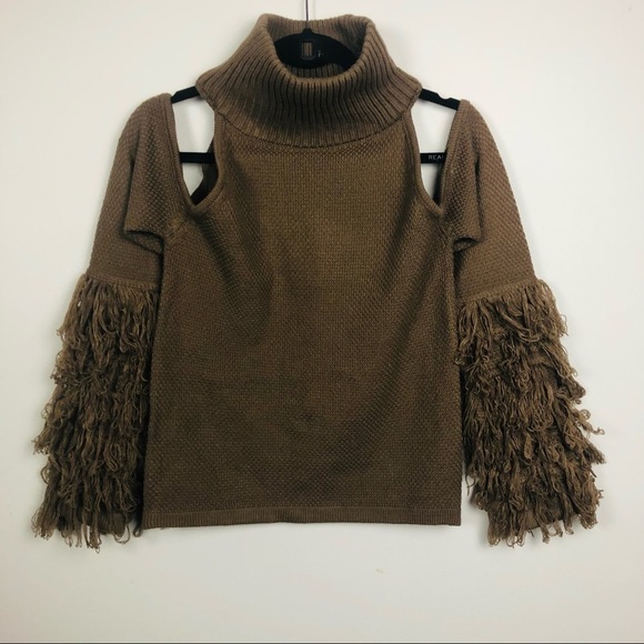 Brown net turtleneck sweater with cold shoulder and fringe cuffs - Picture 7 of 15